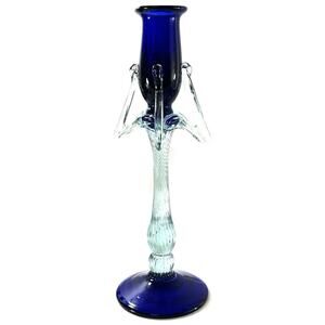 Vintage Cobalt Blue & Clear Art Glass Candlestick Holder 10” Murano Style